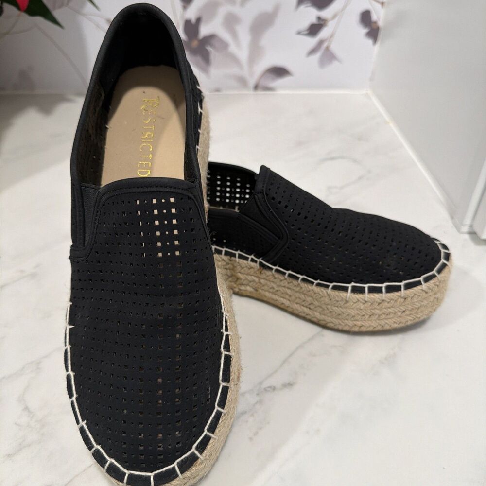Restricted Esmee Espradrille Platforms Laser Cut Black 7.5